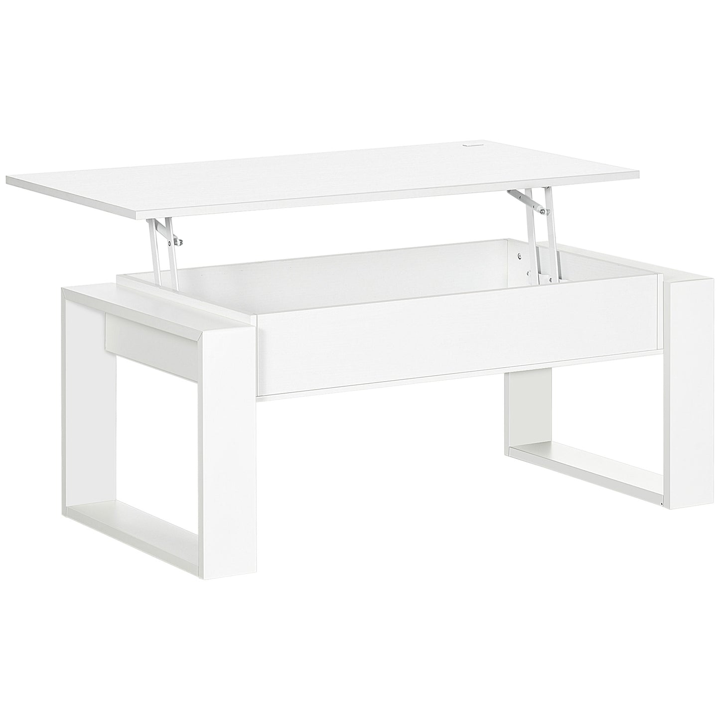 Height-adjustable white coffee table with hidden storage