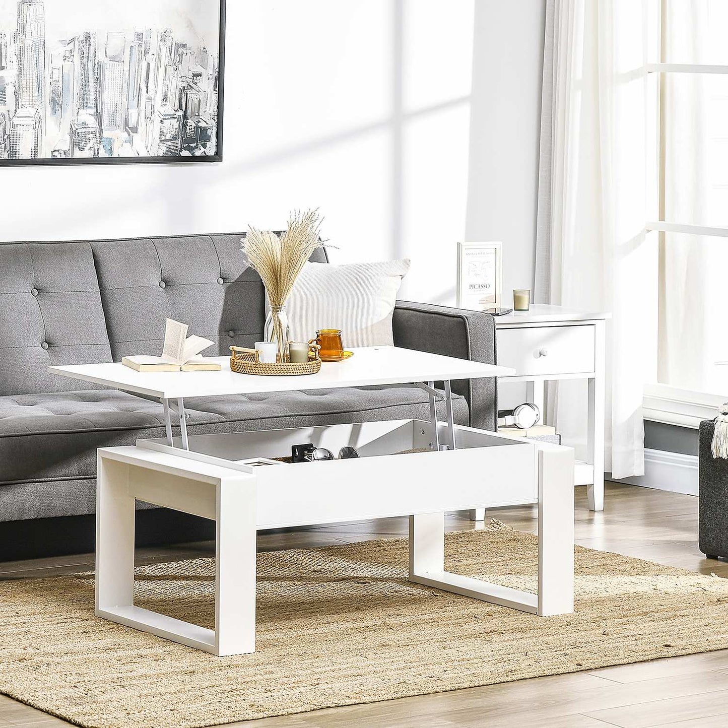 Height-adjustable white coffee table with hidden storage