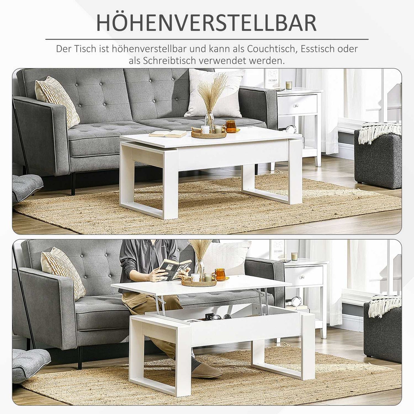 Height-adjustable white coffee table with hidden storage