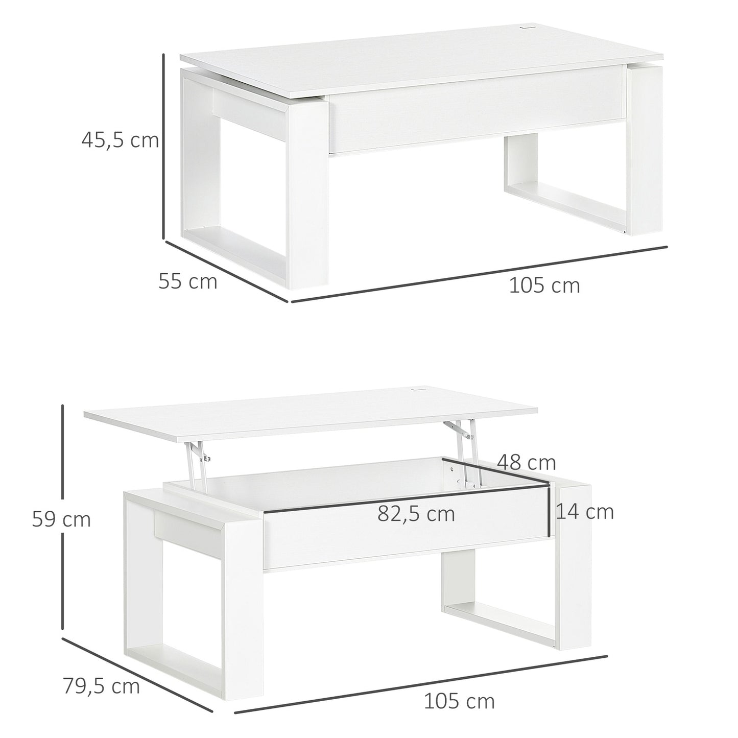 Height-adjustable white coffee table with hidden storage