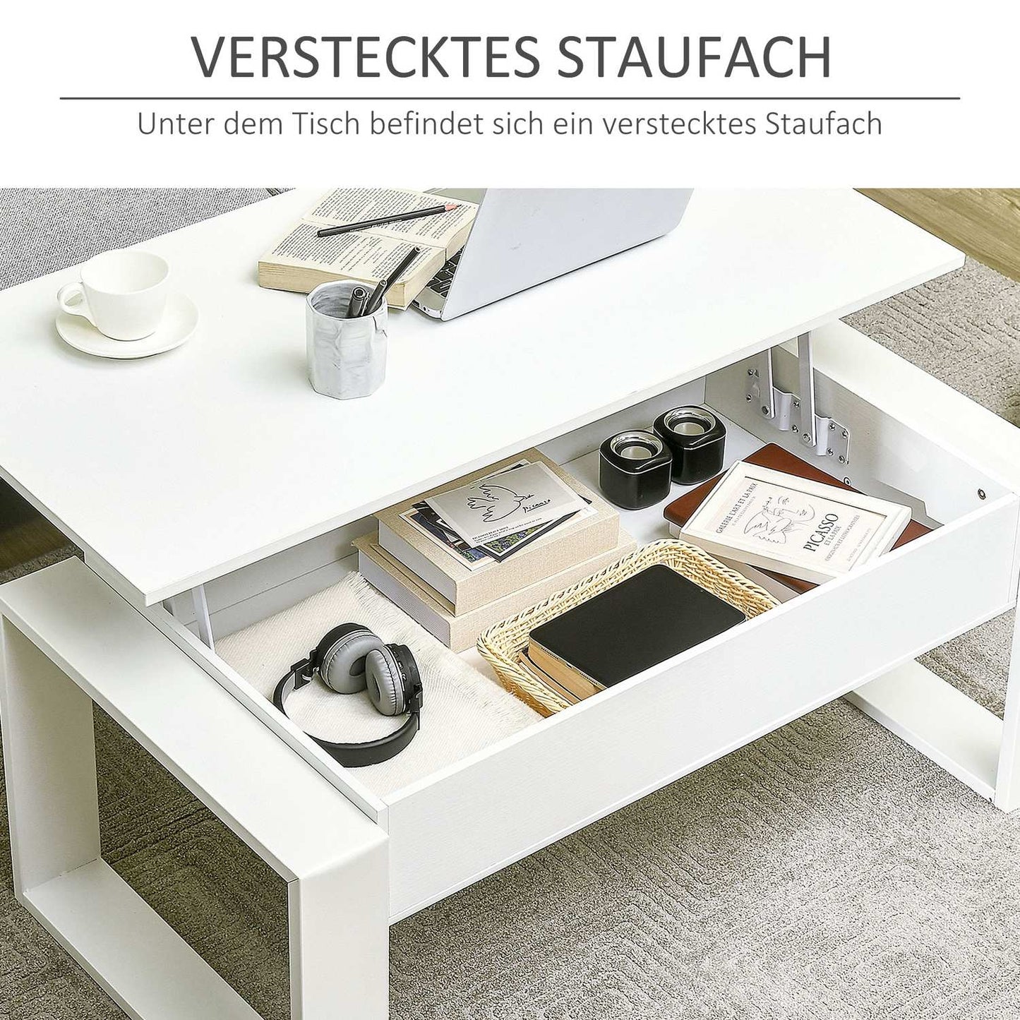 Height-adjustable white coffee table with hidden storage