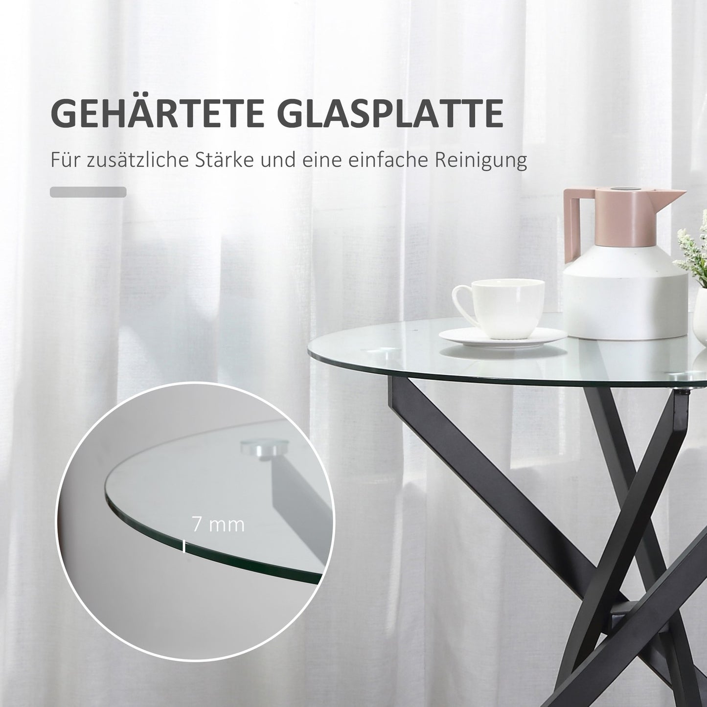 Round coffee table in glass - black, metal frame, 80 cm