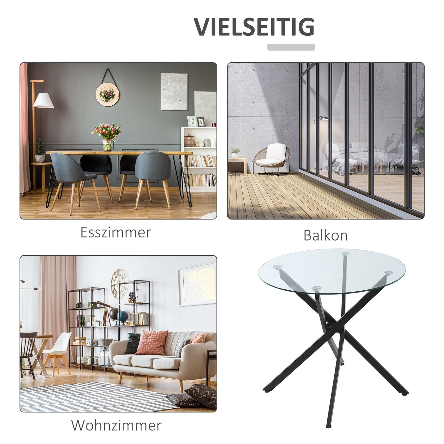 Round coffee table in glass - black, metal frame, 80 cm