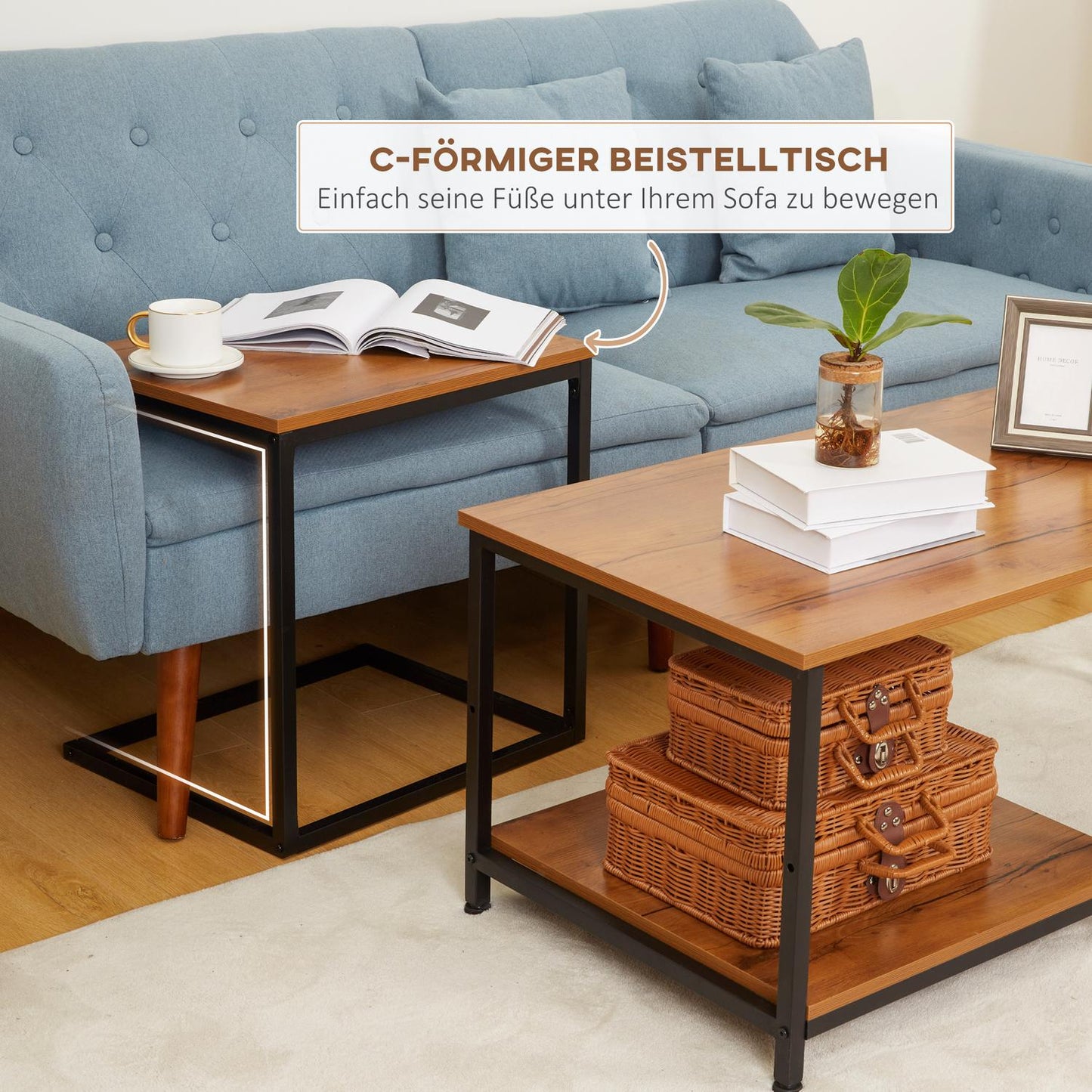 Industrial coffee table set of 2 - steel & natural finish