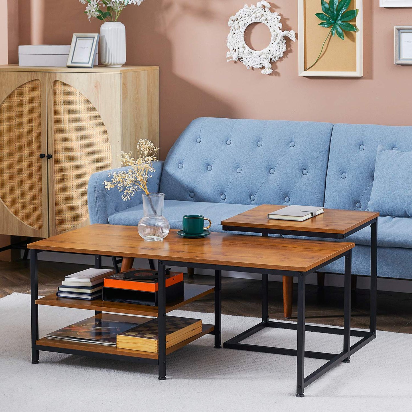 Industrial coffee table set of 2 - steel & natural finish