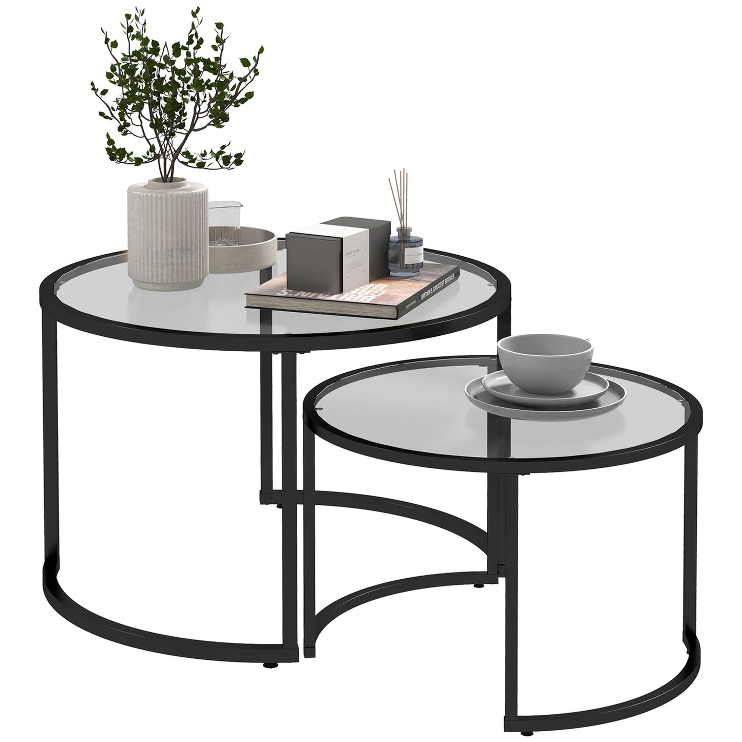 Coffee table set of 2 - Black steel frame, tempered glass