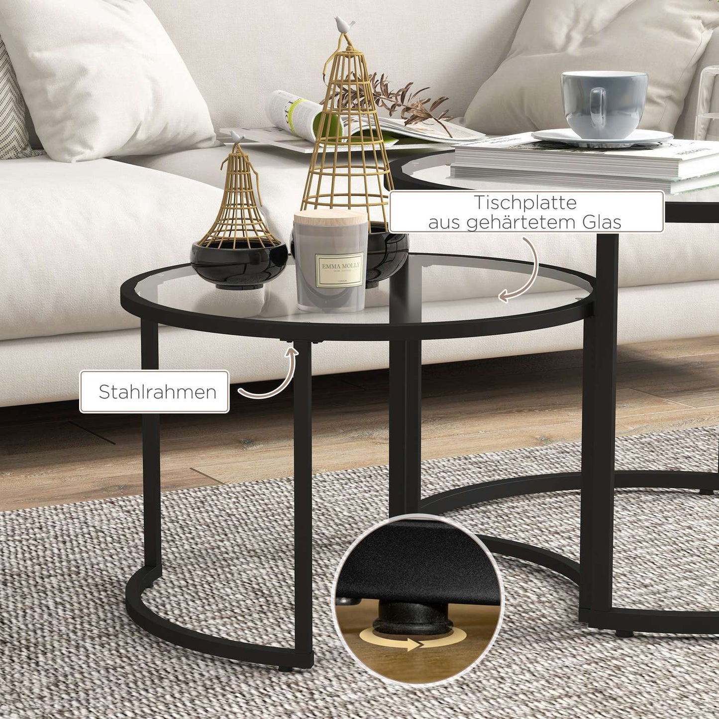 Coffee table set of 2 - Black steel frame, tempered glass