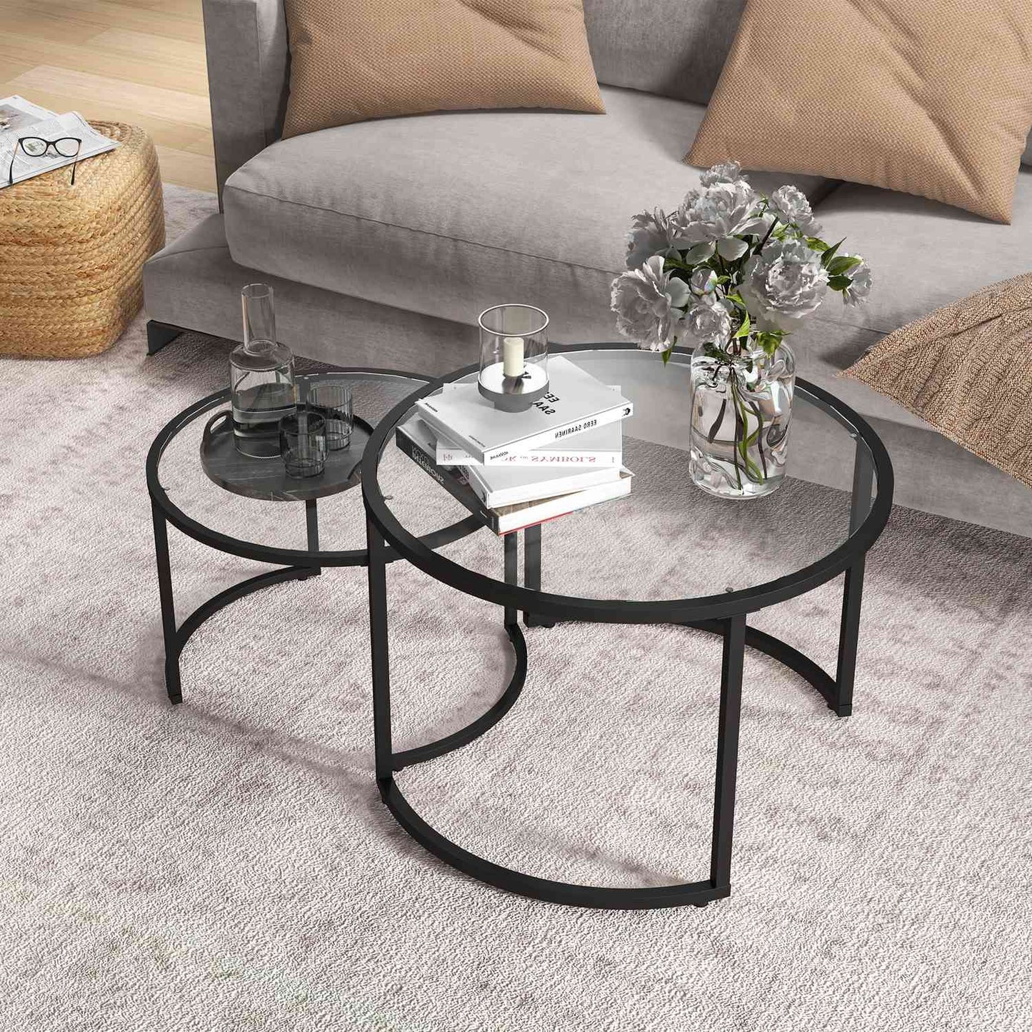 Coffee table set of 2 - Black steel frame, tempered glass