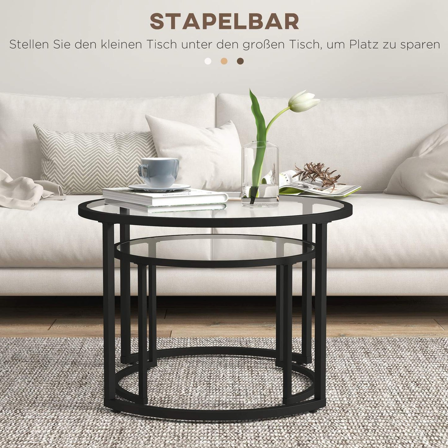 Coffee table set of 2 - Black steel frame, tempered glass