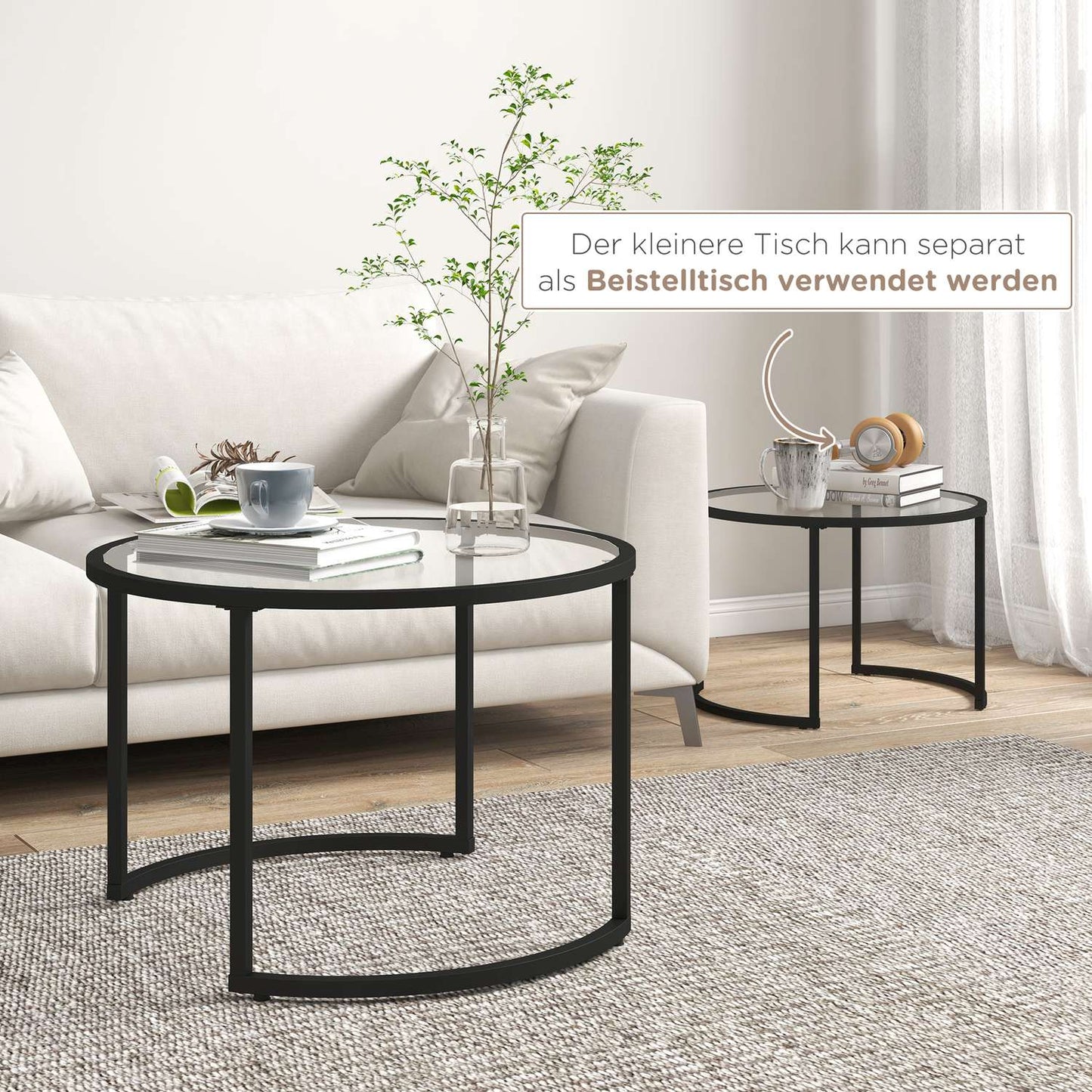 Coffee table set of 2 - Black steel frame, tempered glass