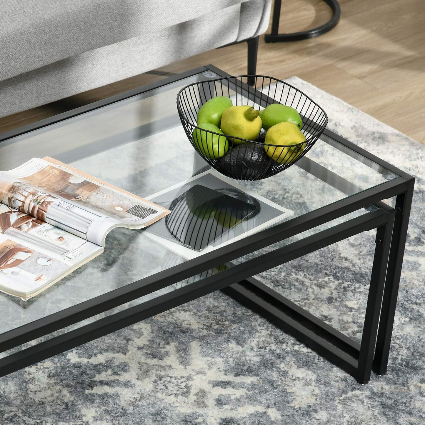 Nesting coffee table set of 2 with glass top - black steel