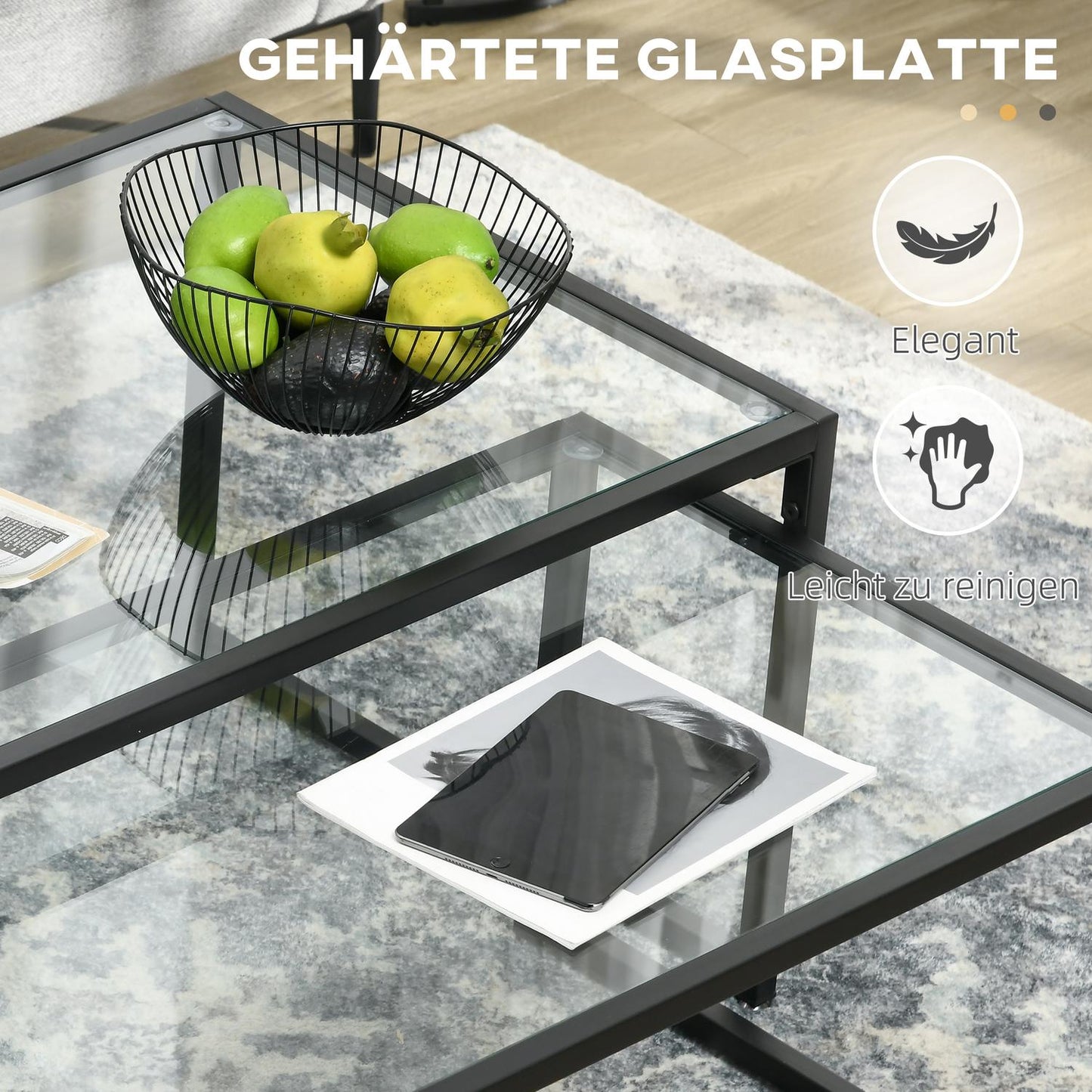 Nesting coffee table set of 2 with glass top - black steel