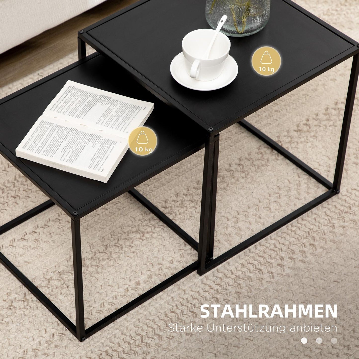Modern coffee table set of 2 - Black steel frame, 120x59x45Cm