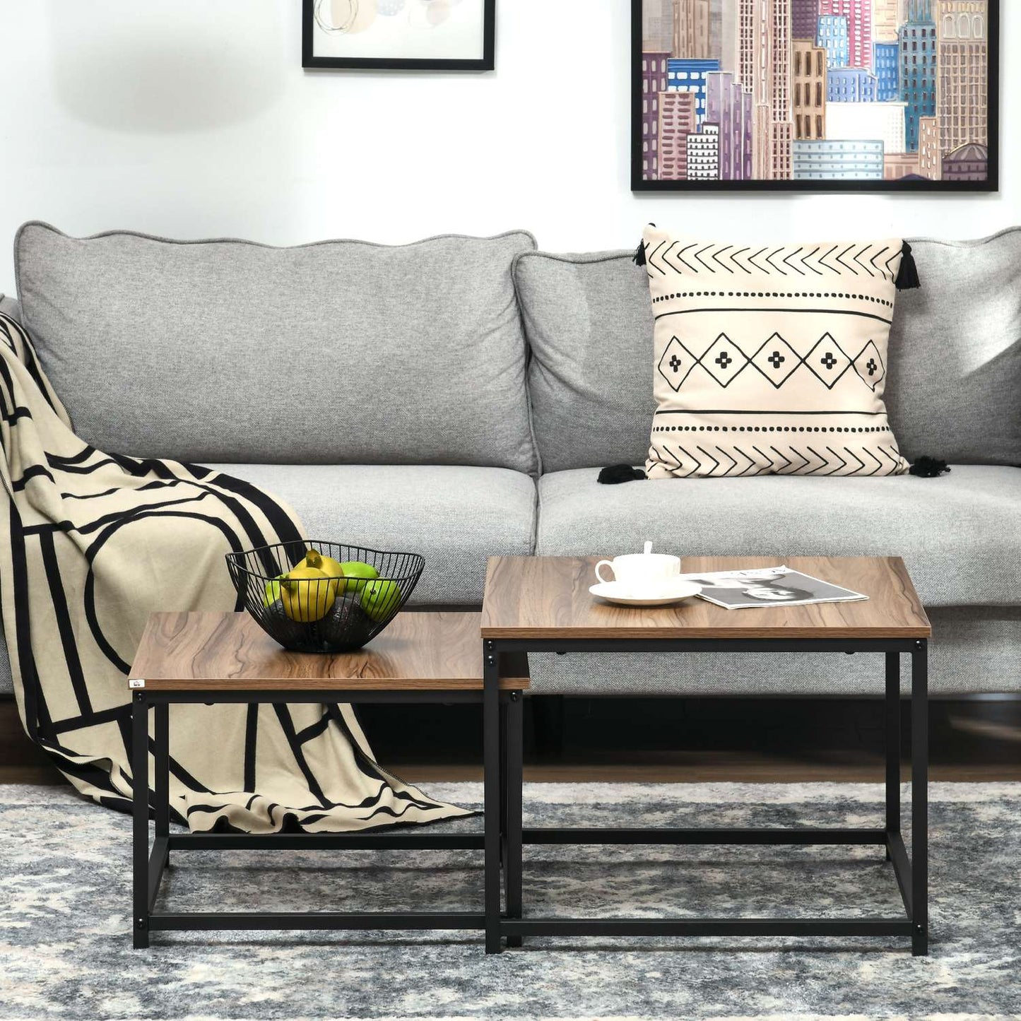 Industrial Wood Look Coffee table set, steel frame, set of 2