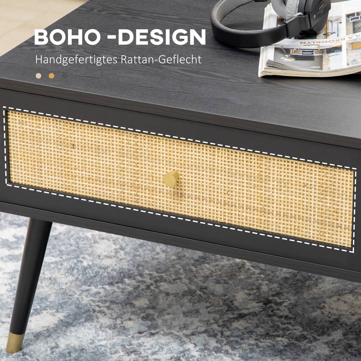 Black rattan coffee table with drawer & 2 compartments