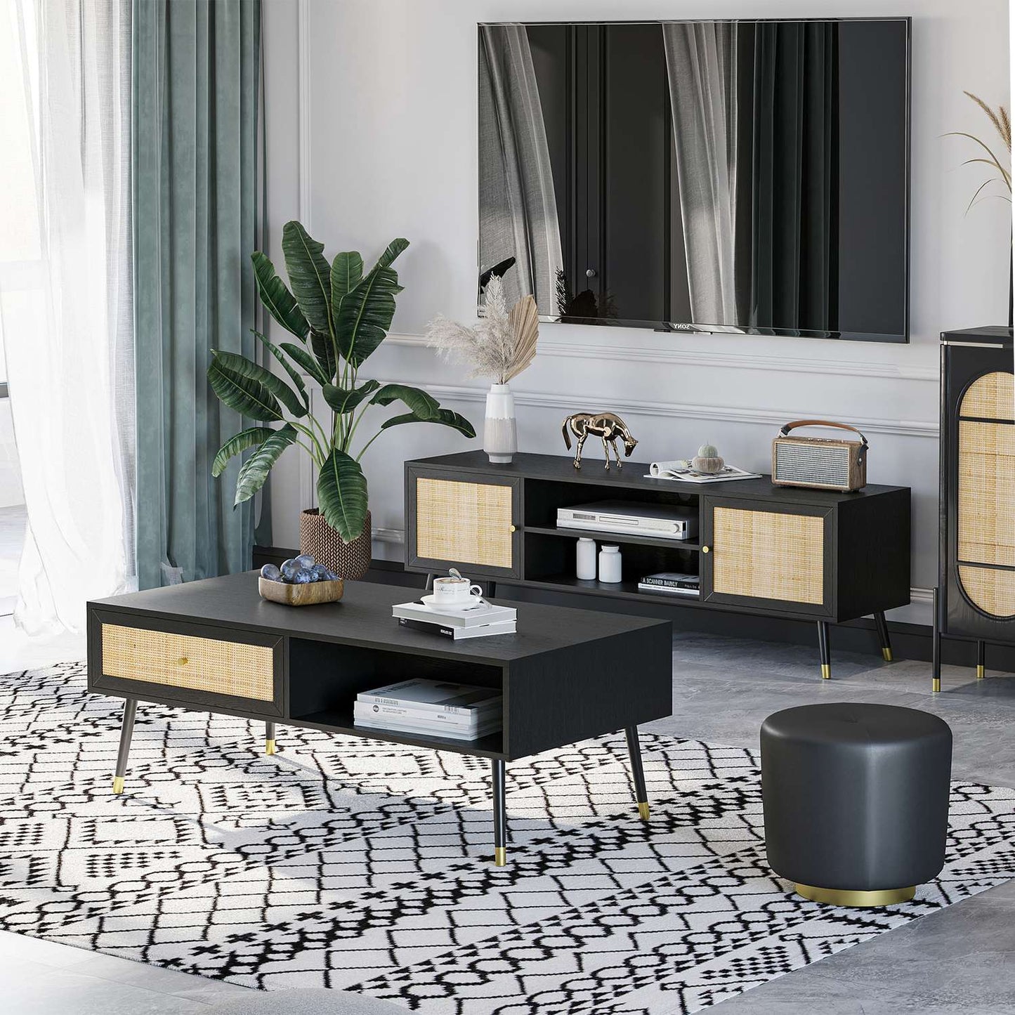 Black rattan coffee table with drawer & 2 compartments