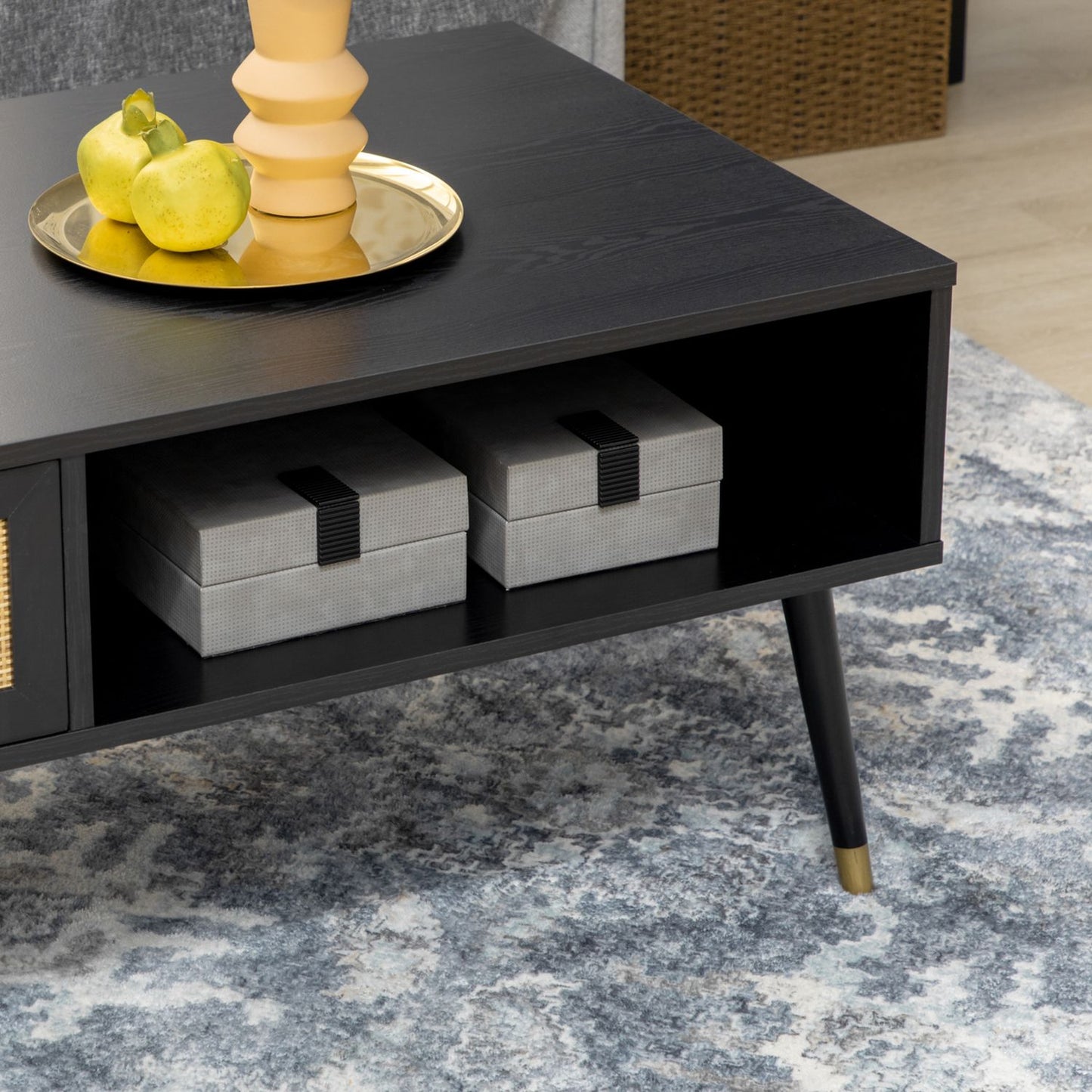 Black rattan coffee table with drawer & 2 compartments