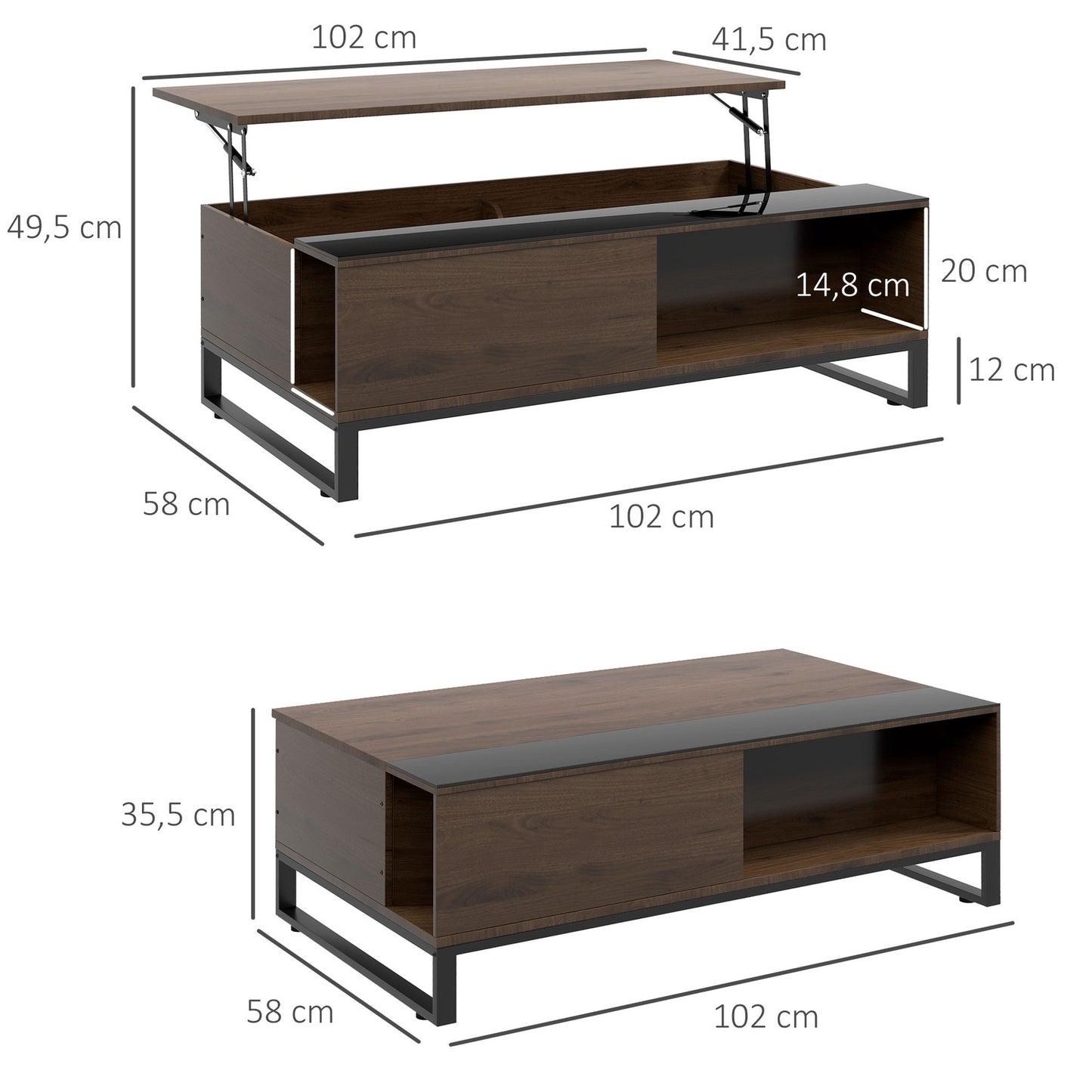 Modern coffee table in black steel with storage, 102x58x35.5 Cm