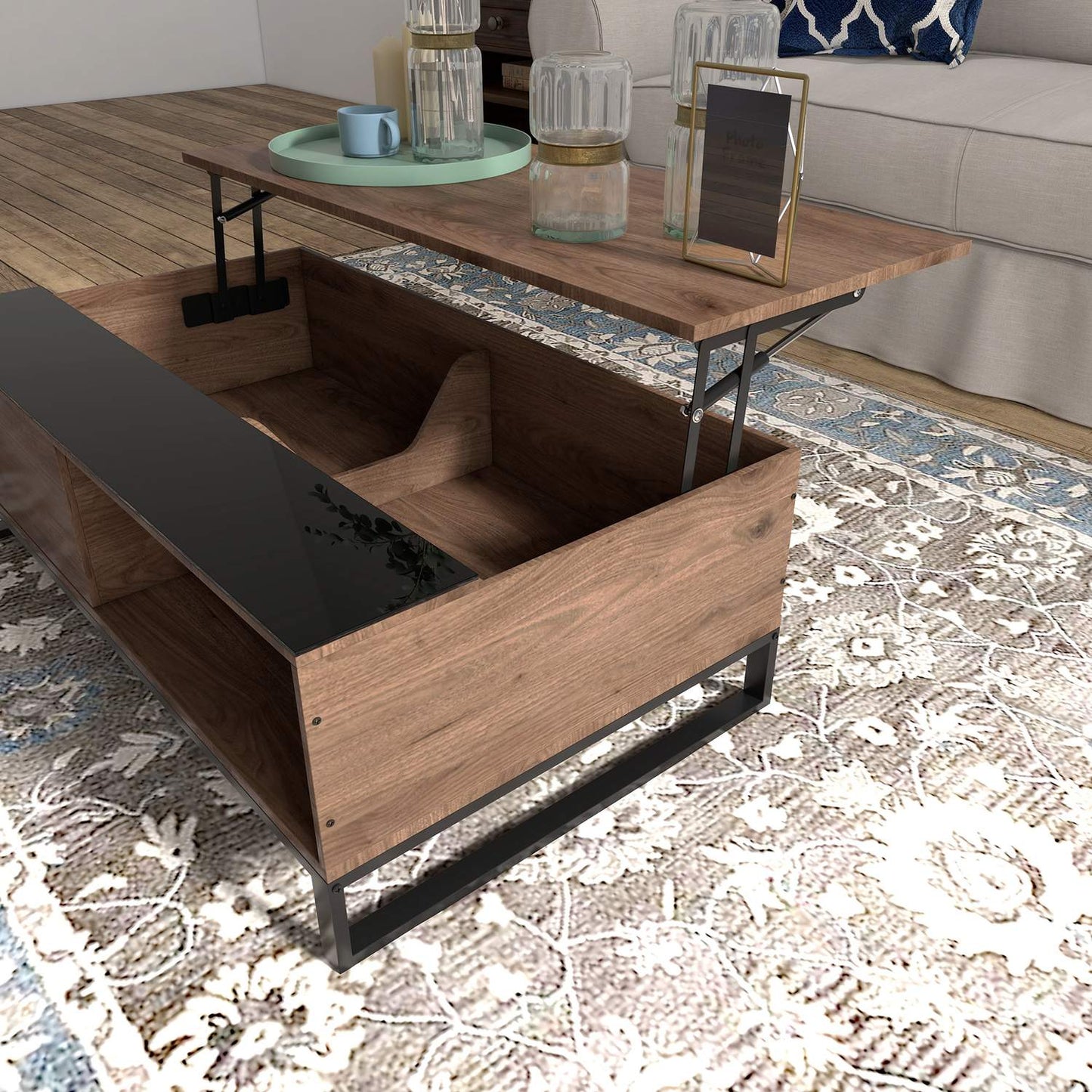 Modern coffee table in black steel with storage, 102x58x35.5 Cm