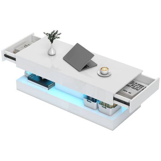 Coffee Table with Drawers and LED Lights, White MDF