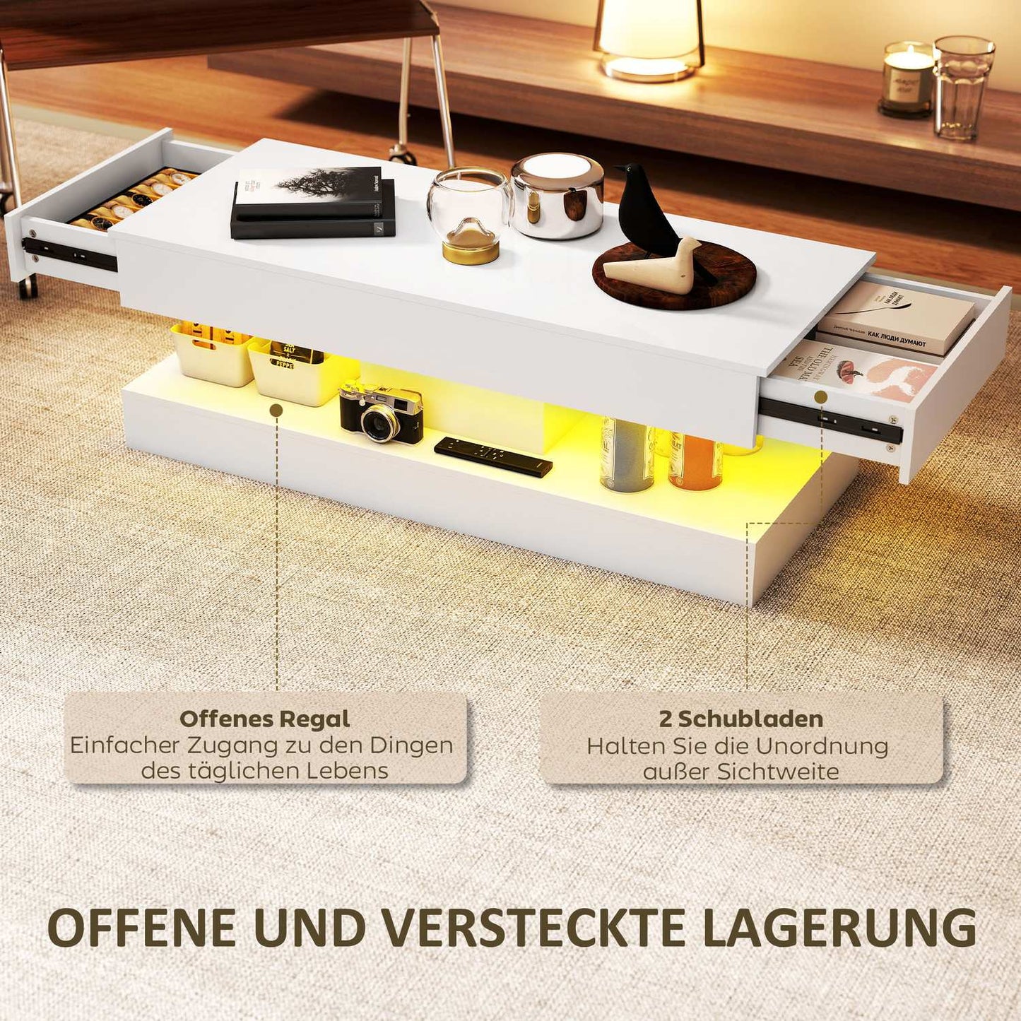 Coffee Table with Drawers and LED Lights, White MDF
