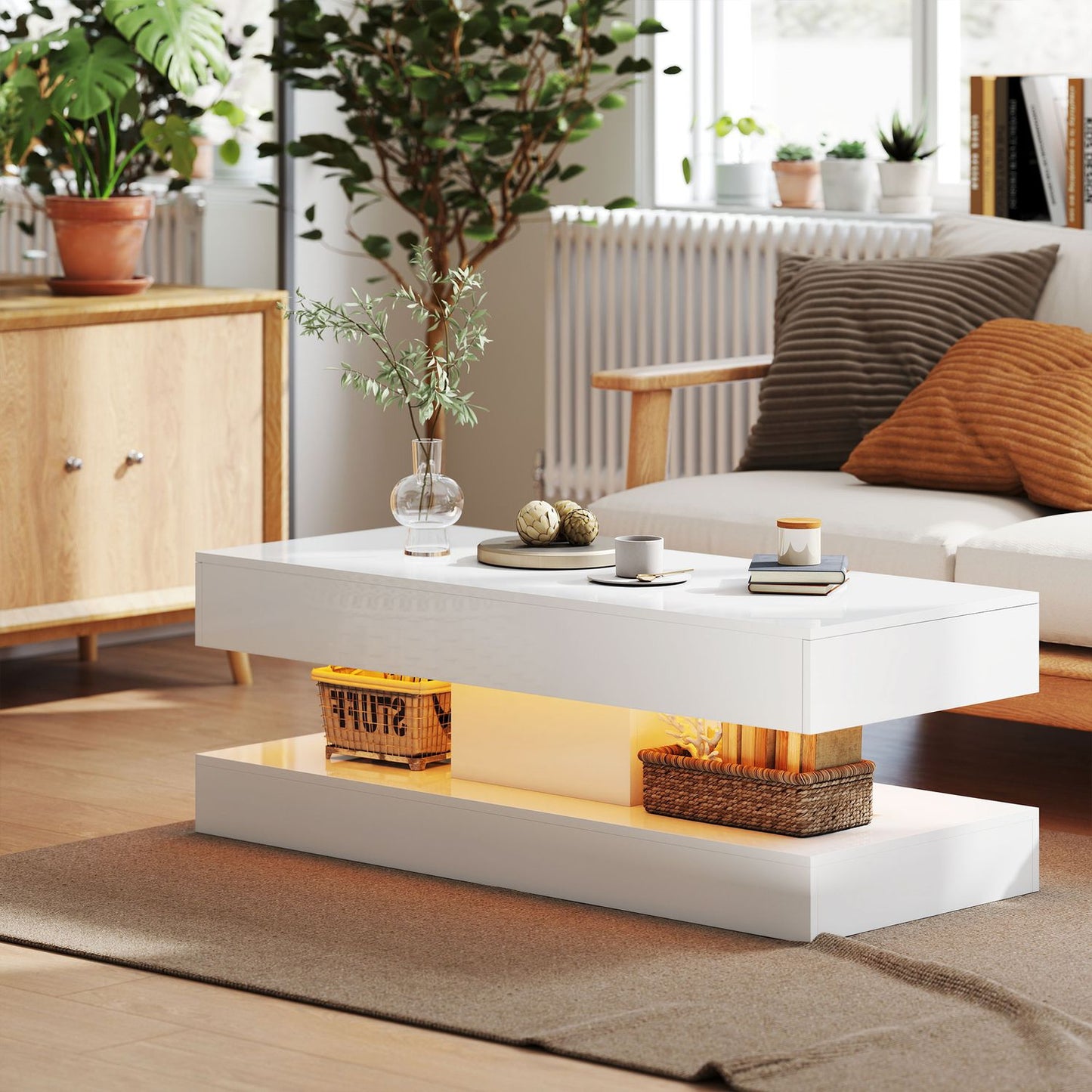 Coffee Table with Drawers and LED Lights, White MDF