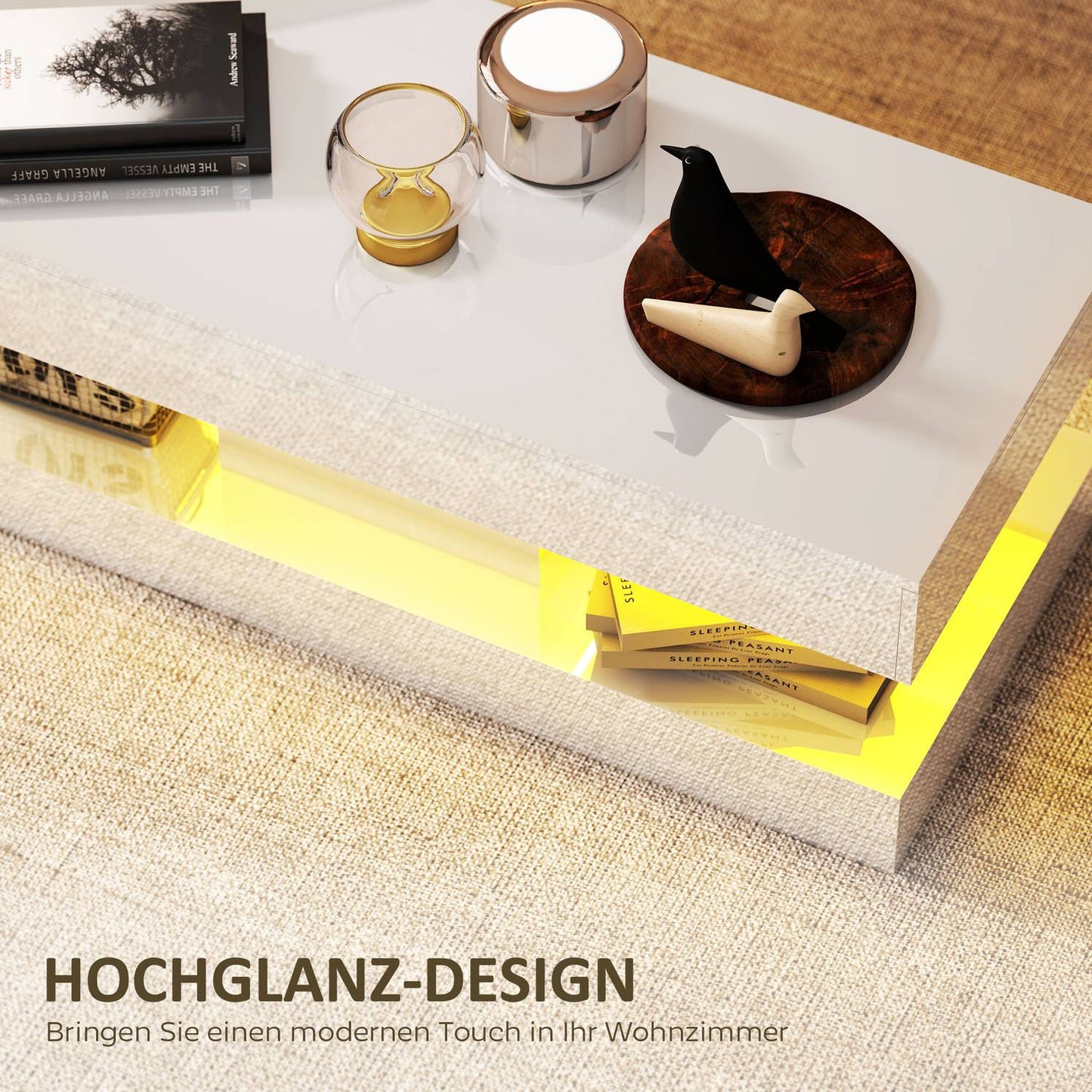Coffee Table with Drawers and LED Lights, White MDF