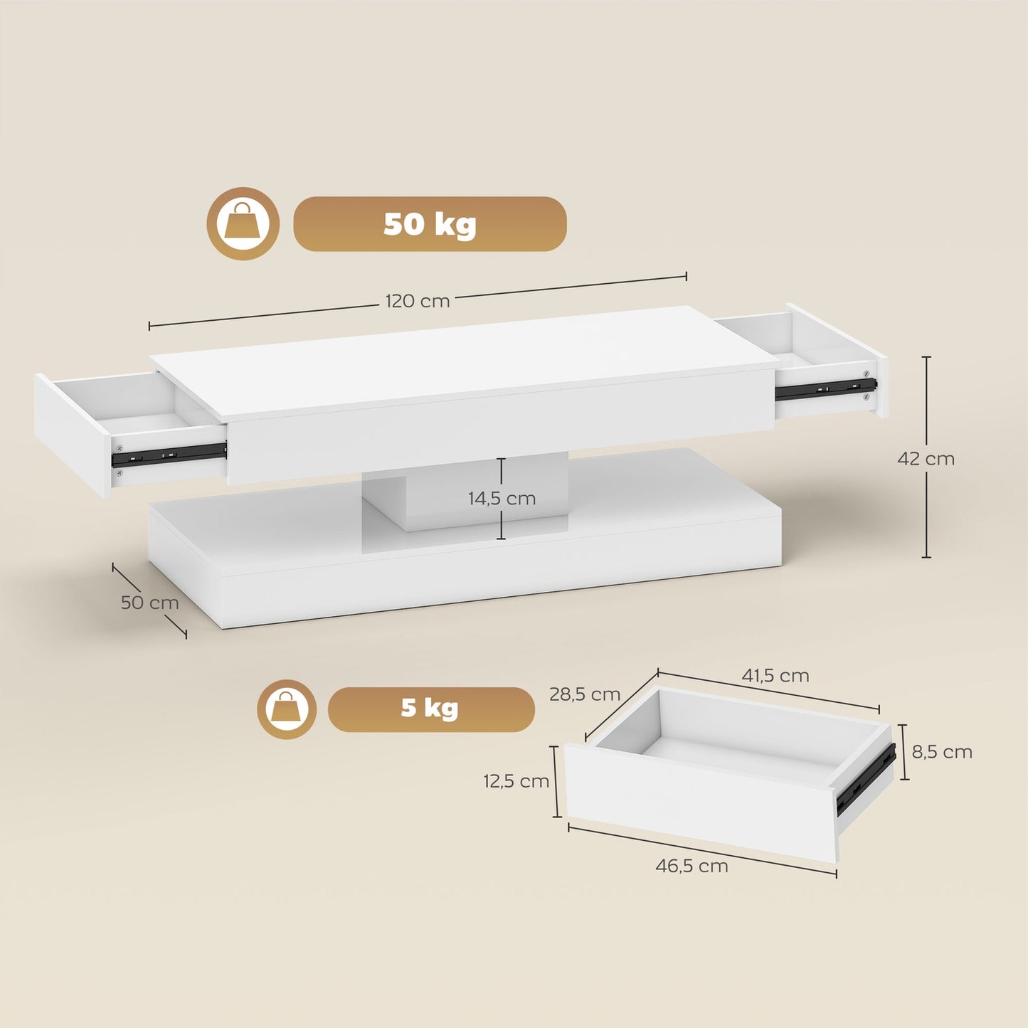 Coffee Table with Drawers and LED Lights, White MDF