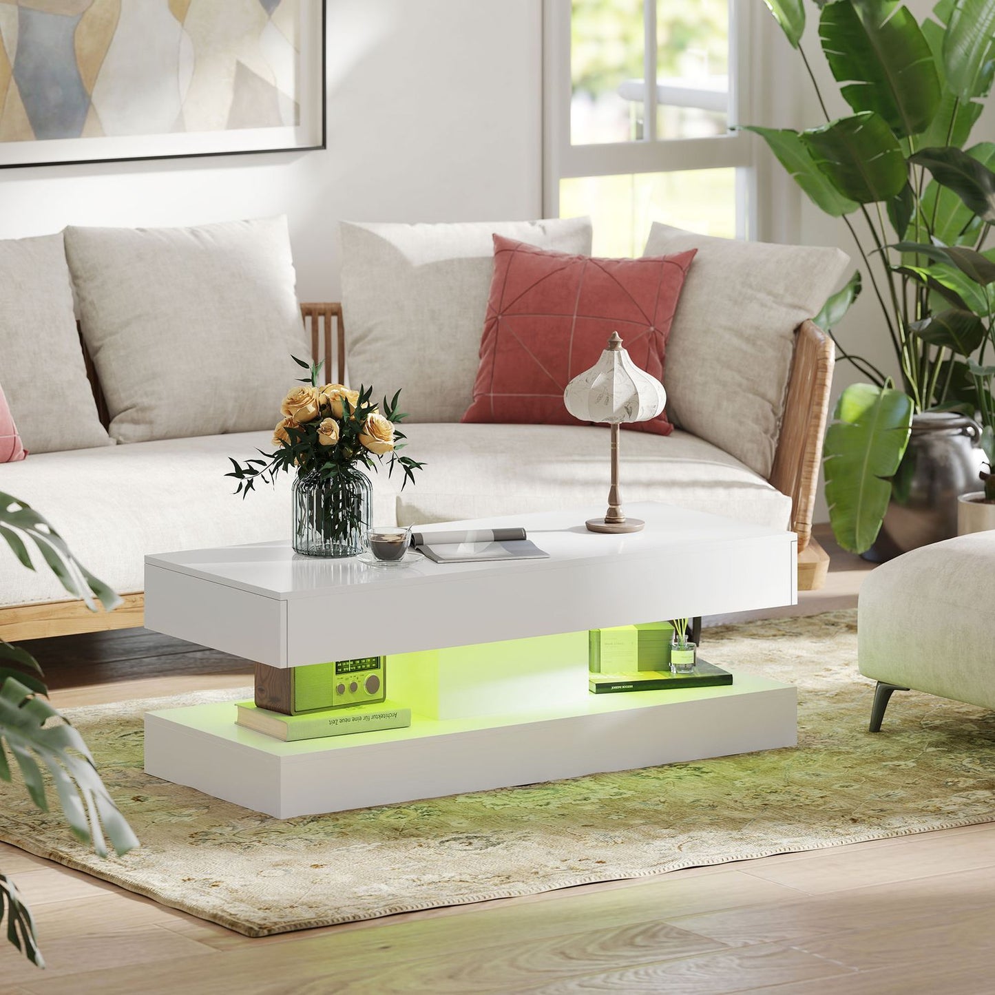 Coffee Table with Drawers and LED Lights, White MDF