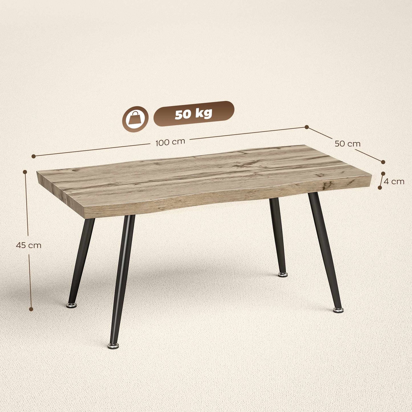 Coffee Table with Steel Legs, Oak Finish, 100x50x45 cm