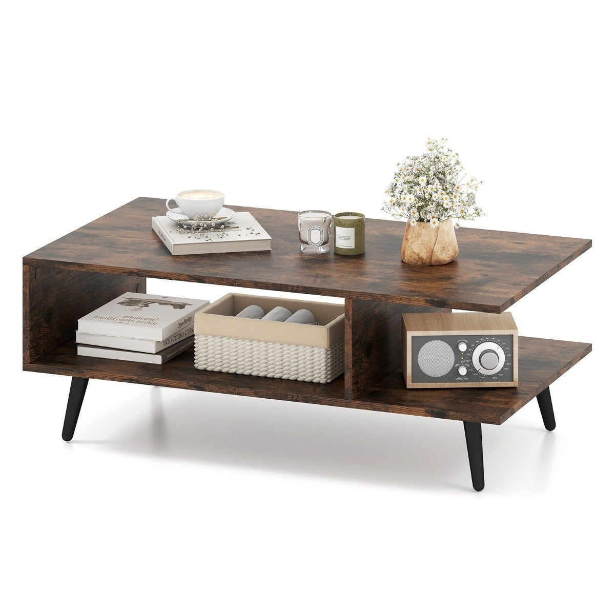 Coffee Table with Storage – 2-Tier Wood & Metal, 80x45x30 cm