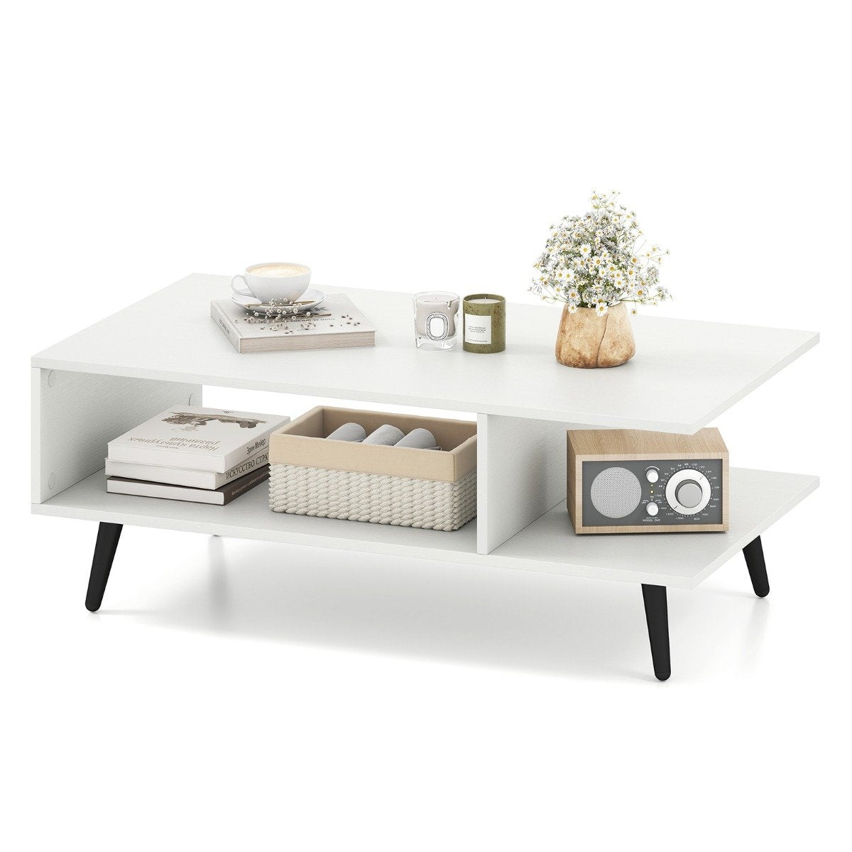 Coffee Table with Storage, 2-Tier, Wood, Metal Legs, 80x45x30 cm