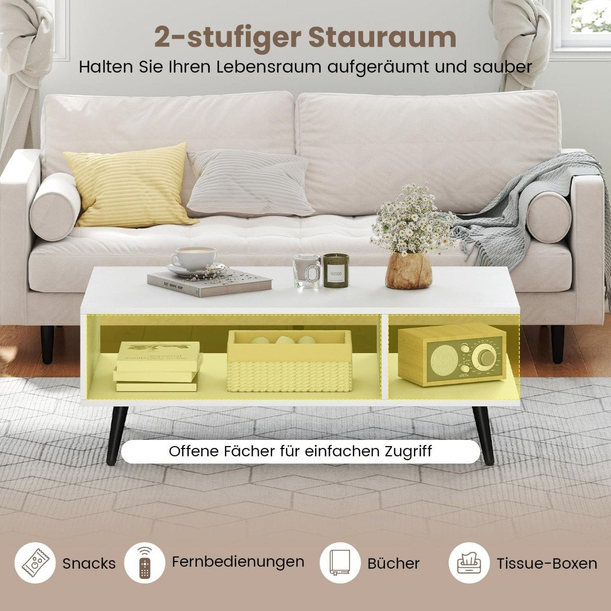 Coffee Table with Storage, 2-Tier, Wood, Metal Legs, 80x45x30 cm