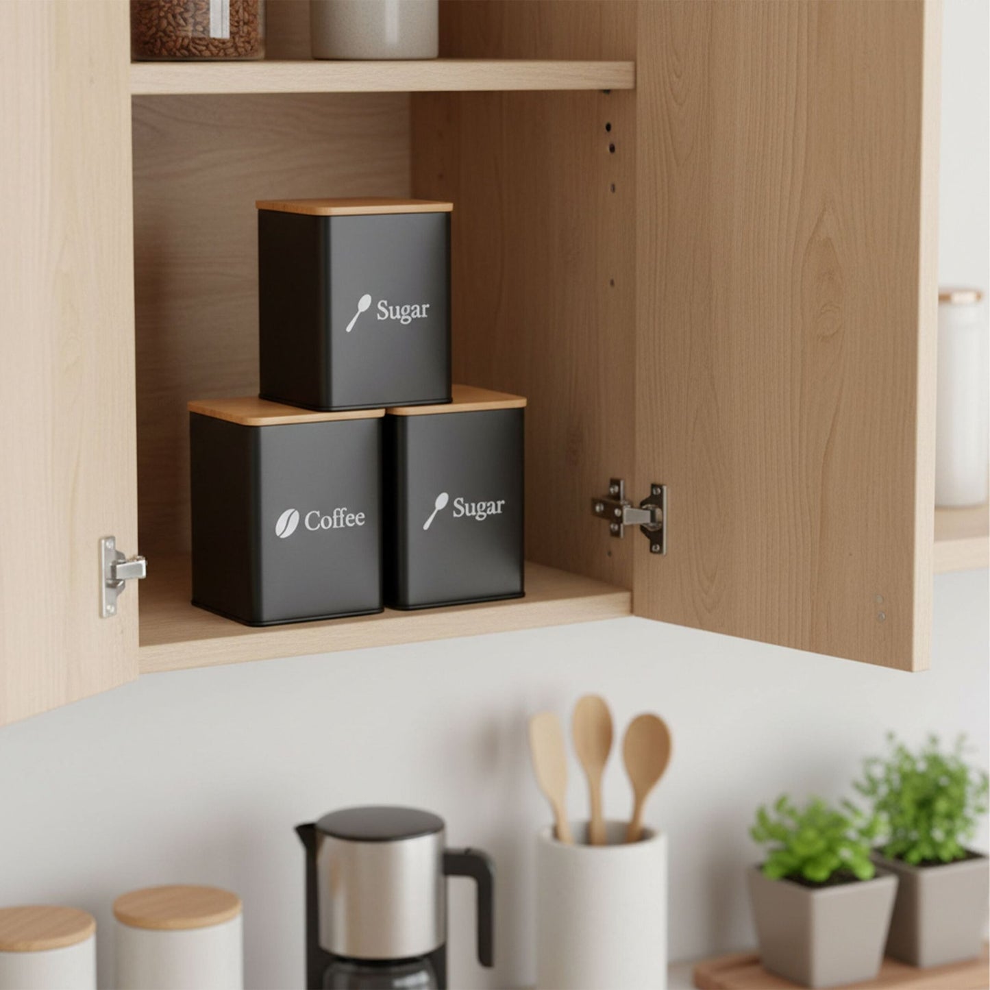 Coffee, Tea, Sugar Storage Jars – 3-Piece Metal Set