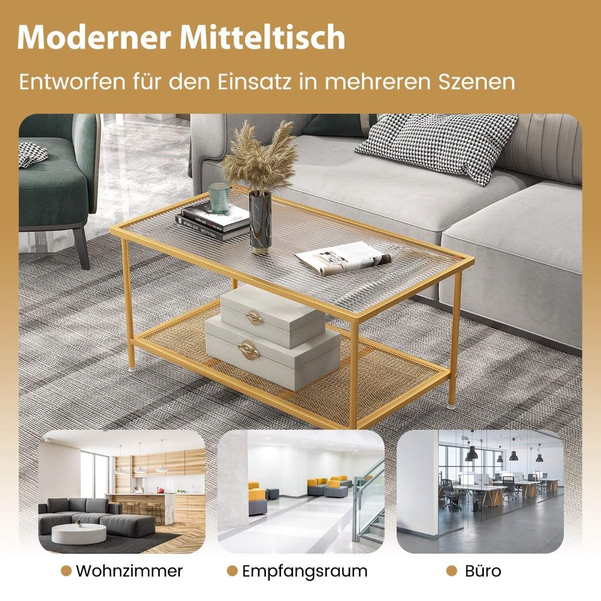 Coffee table glass glass table with 2 levels living room table with mesh shelf Golden 90 x 50 x 46 cm