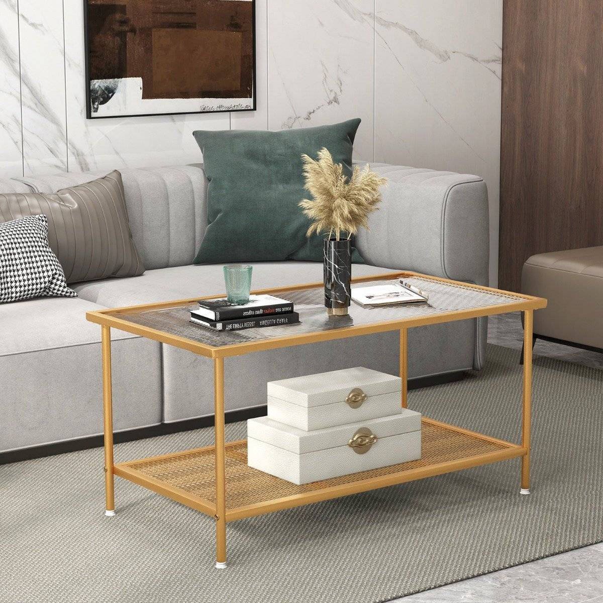 Coffee table glass glass table with 2 levels living room table with mesh shelf Golden 90 x 50 x 46 cm