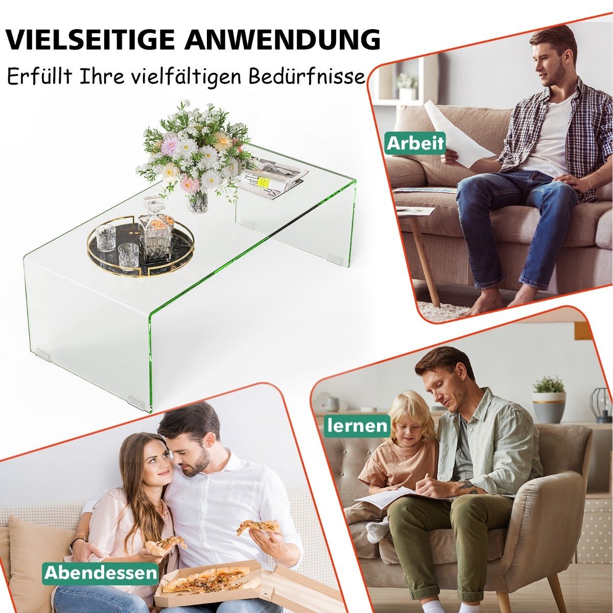 Coffee table glass table U-shaped side table made of tempered glass 108 x 50 x 35 cm