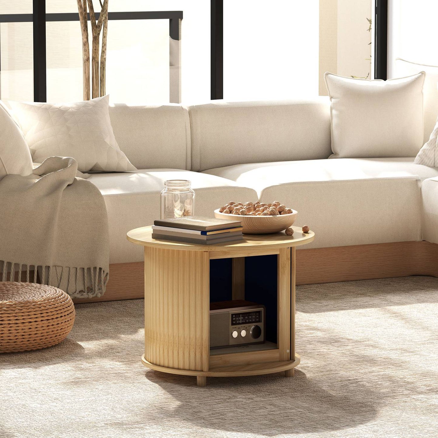 Round bamboo coffee table with storage - modern design