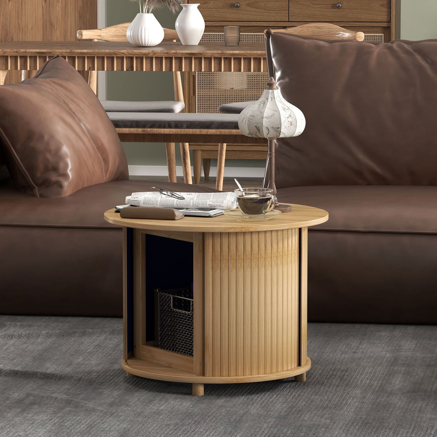 Round bamboo coffee table with storage - modern design