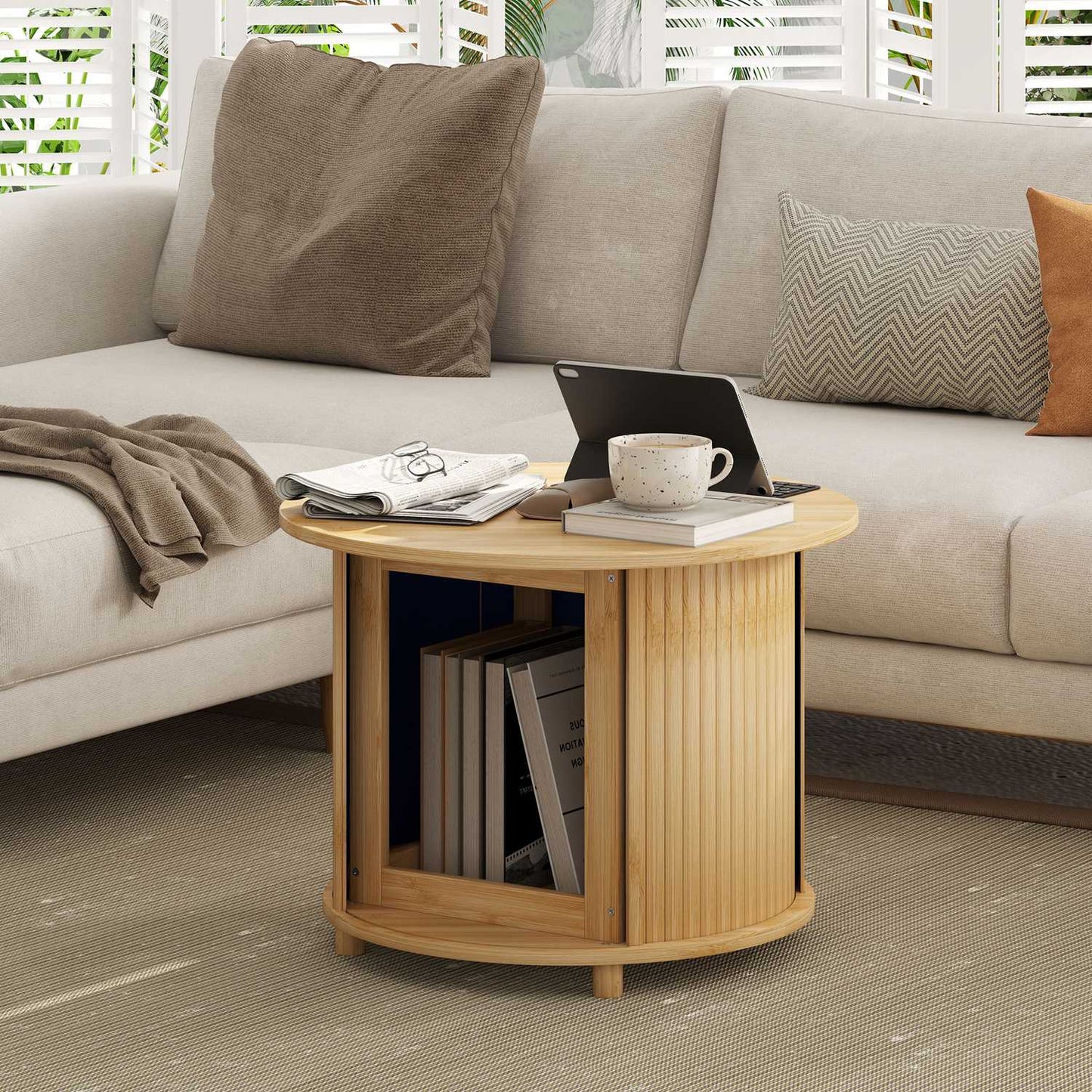 Round bamboo coffee table with storage - modern design