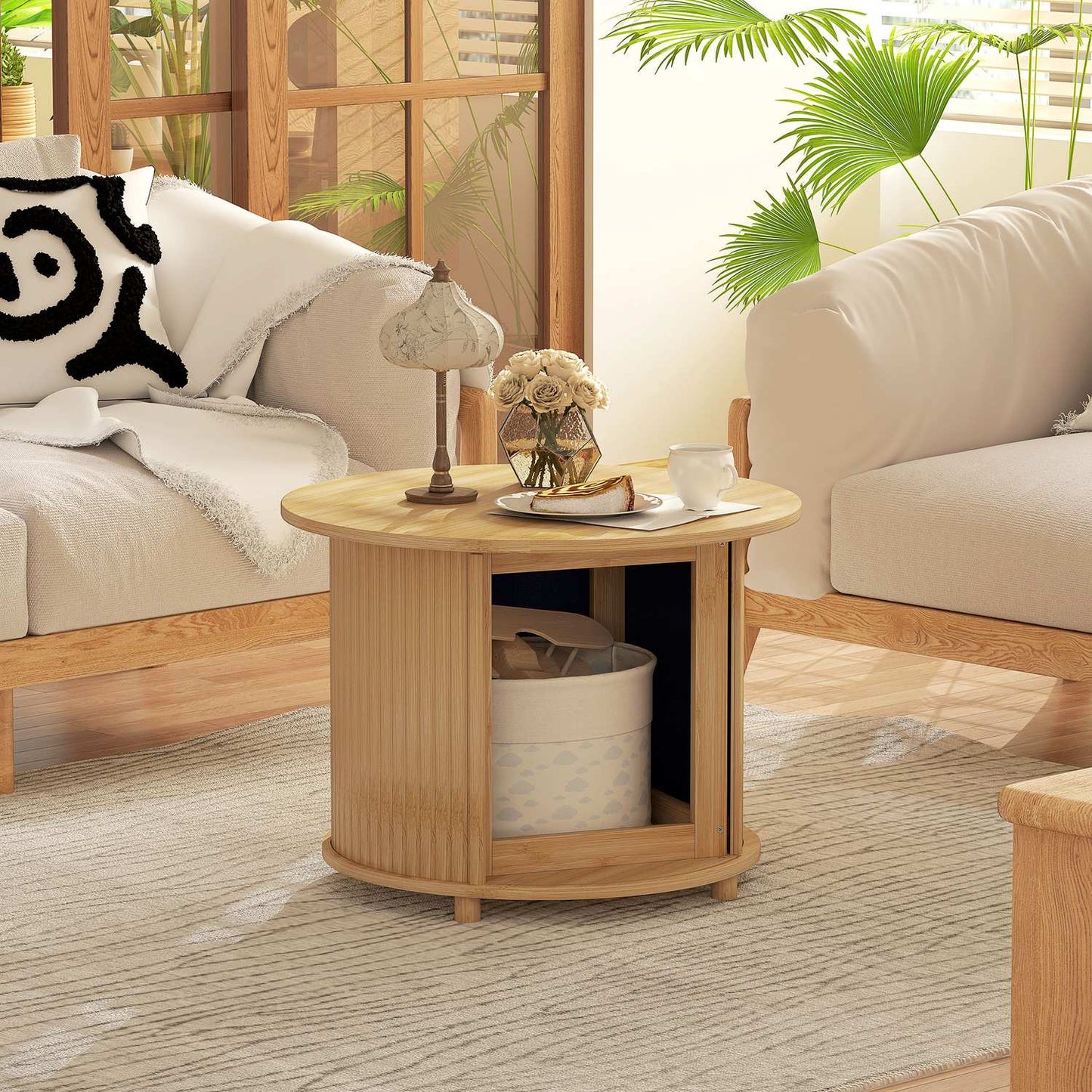 Round bamboo coffee table with storage - modern design
