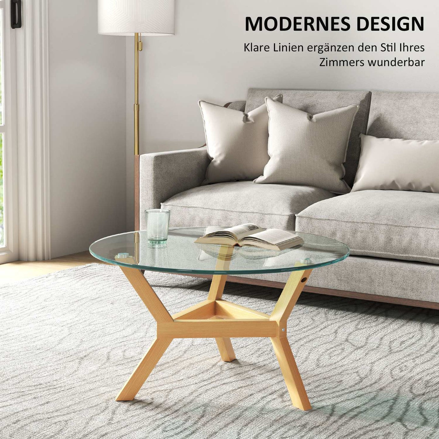Round coffee table in tempered glass, adjustable foot pads