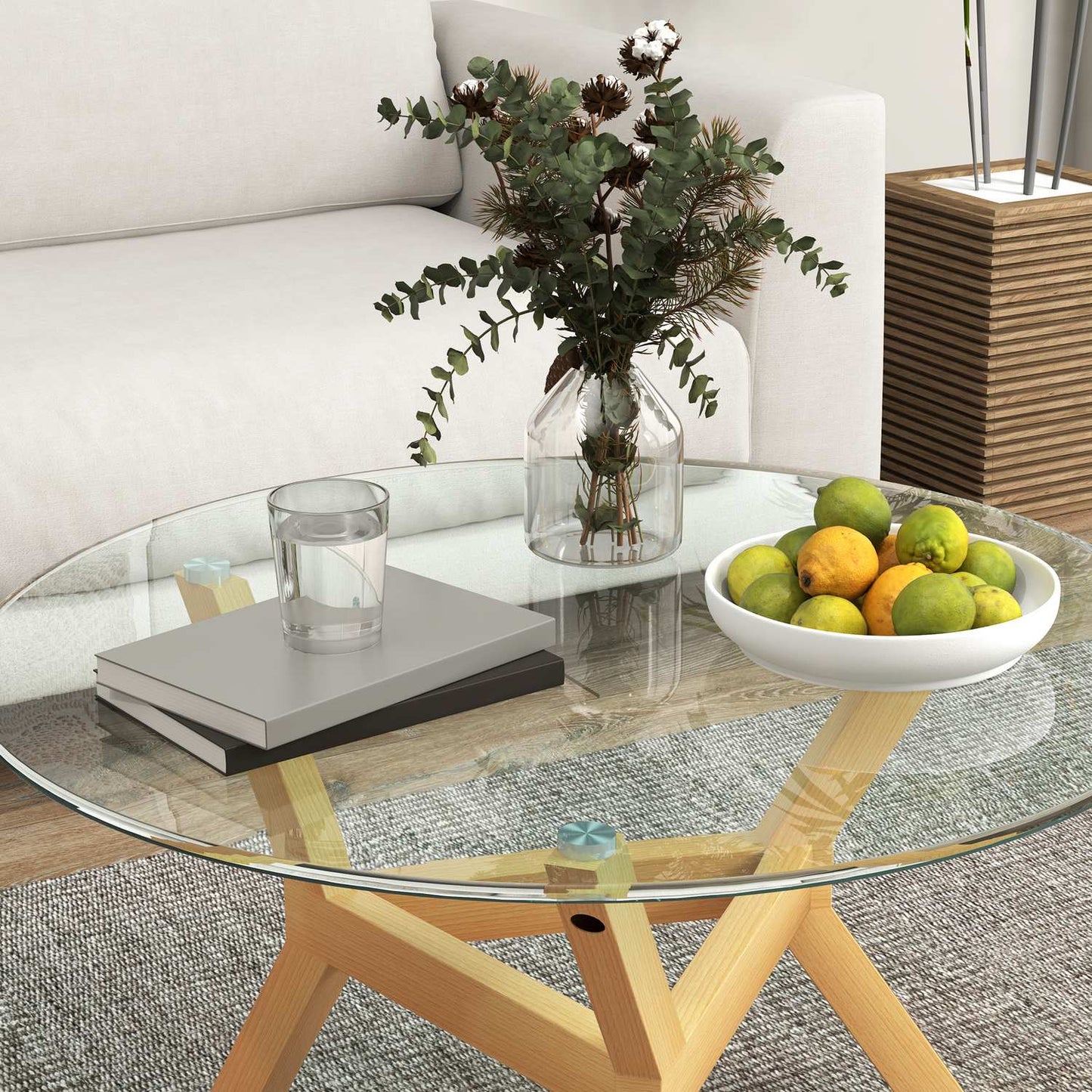 Round coffee table in tempered glass, adjustable foot pads