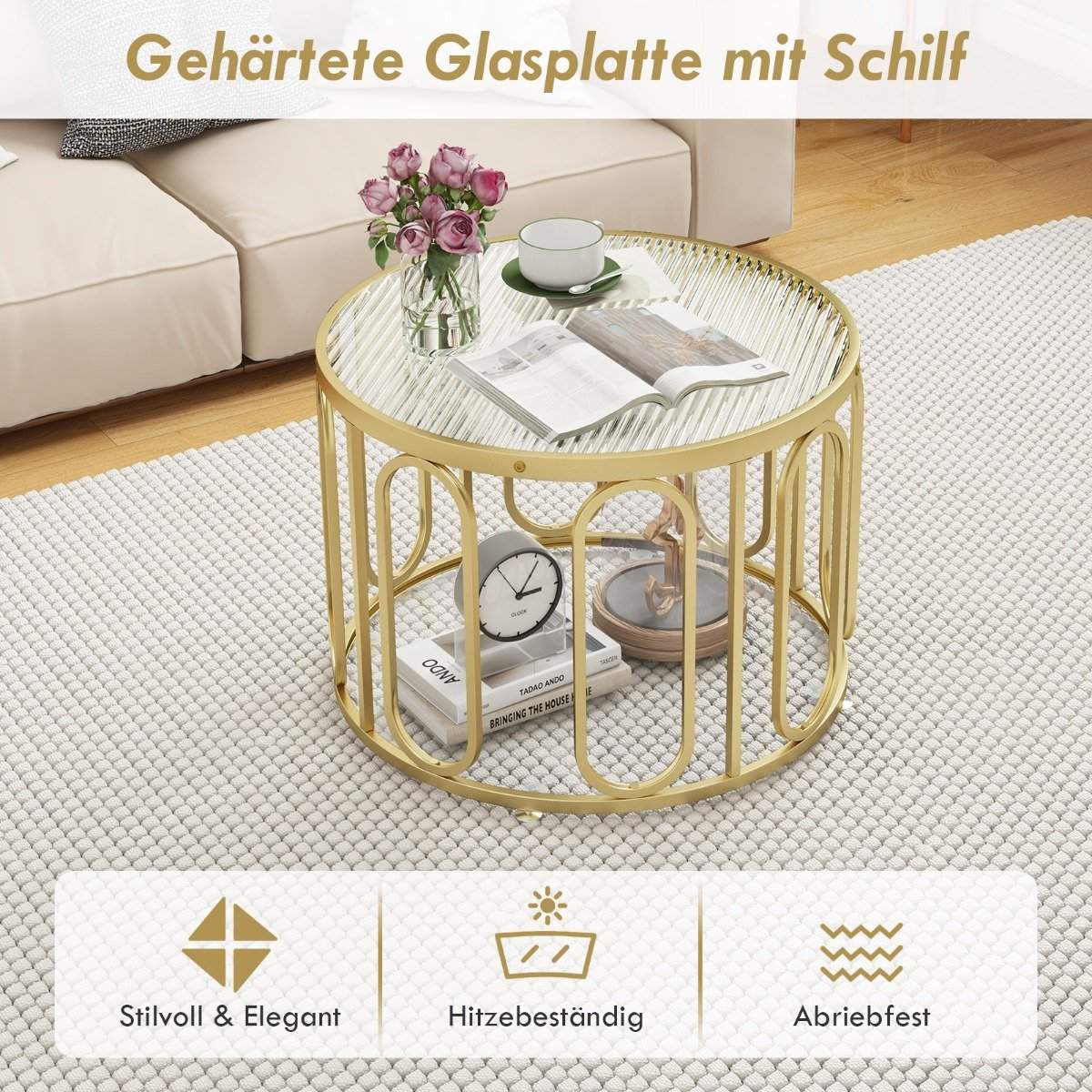 Coffee table round living room table with 2 glass tops & rotating metal frame transformable total load capacity of 30 kg
