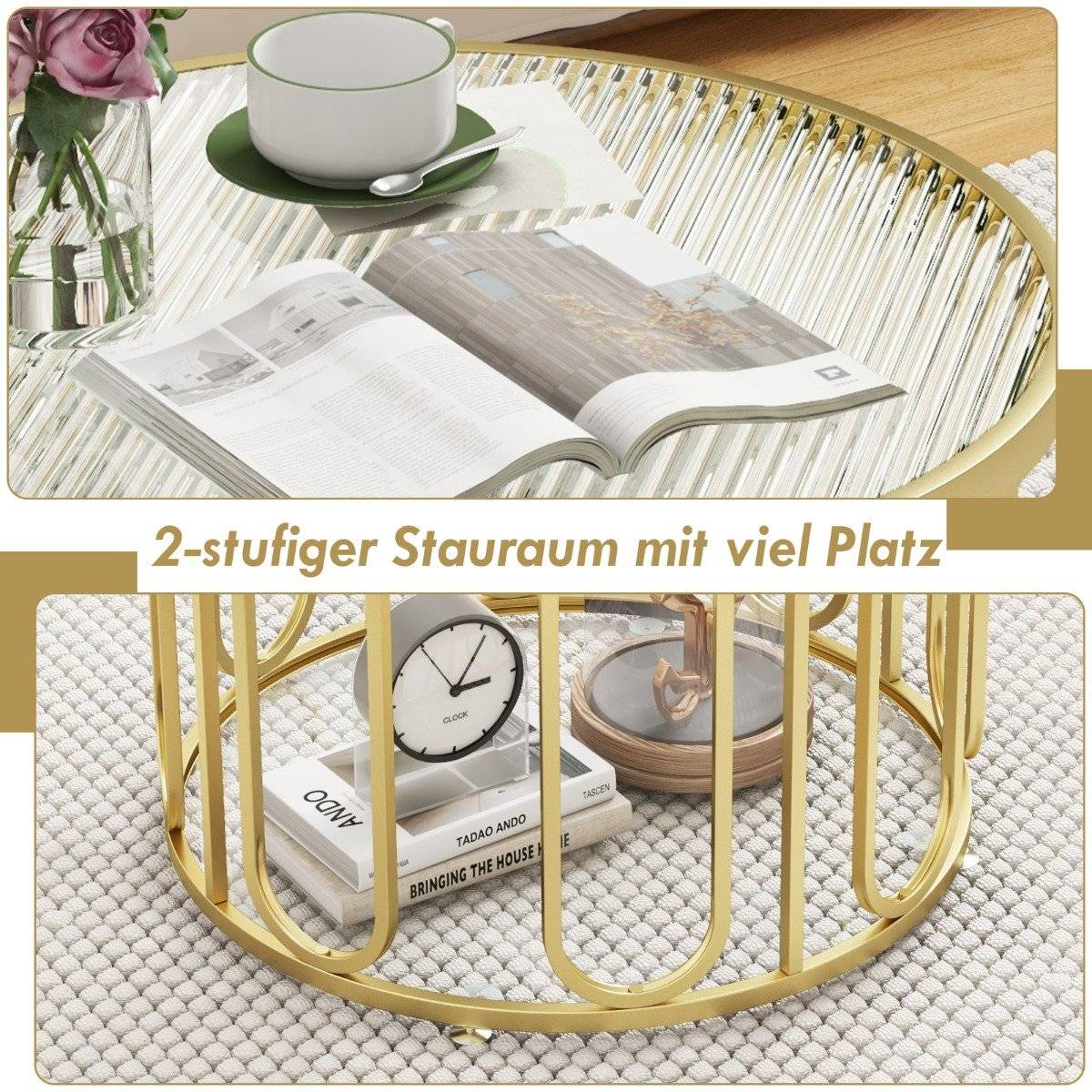 Coffee table round living room table with 2 glass tops & rotating metal frame transformable total load capacity of 30 kg