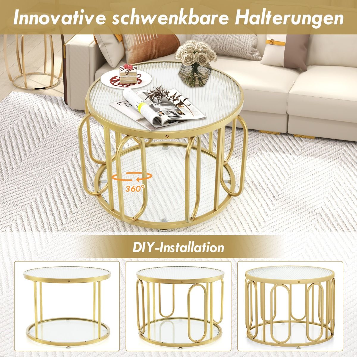 Coffee table round living room table with 2 glass tops & rotating metal frame transformable total load capacity of 30 kg