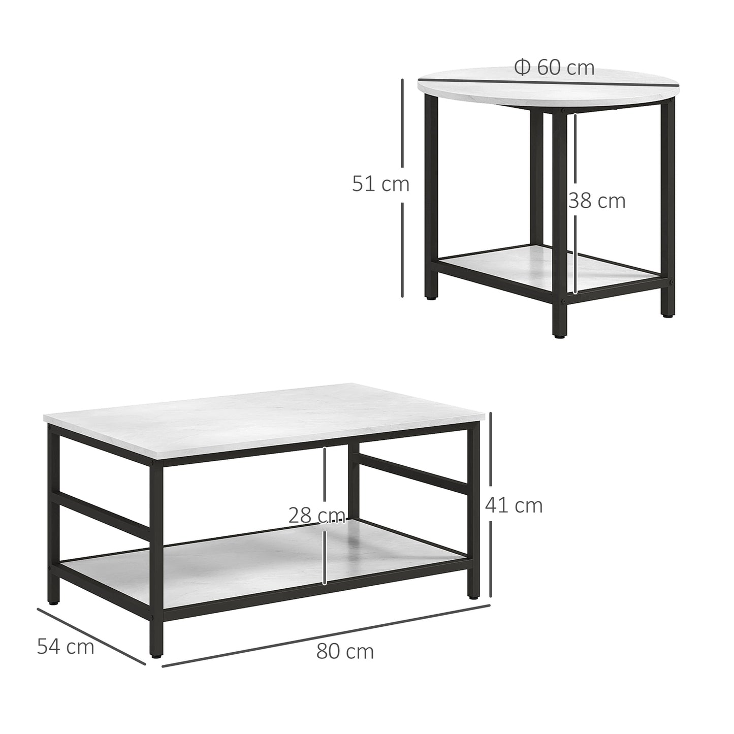 Modern coffee table in marble look with 2 pcs., steel frame