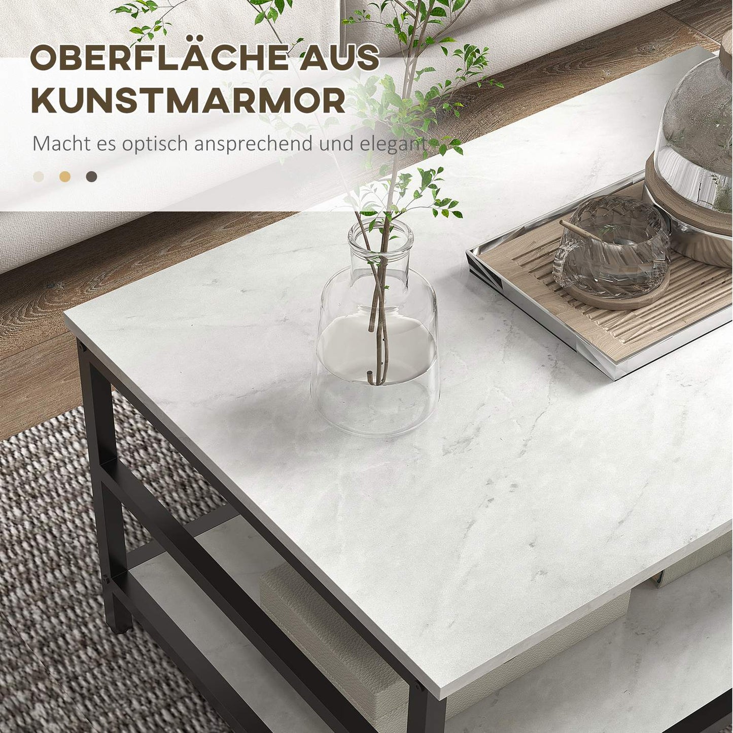Modern coffee table in marble look with 2 pcs., steel frame
