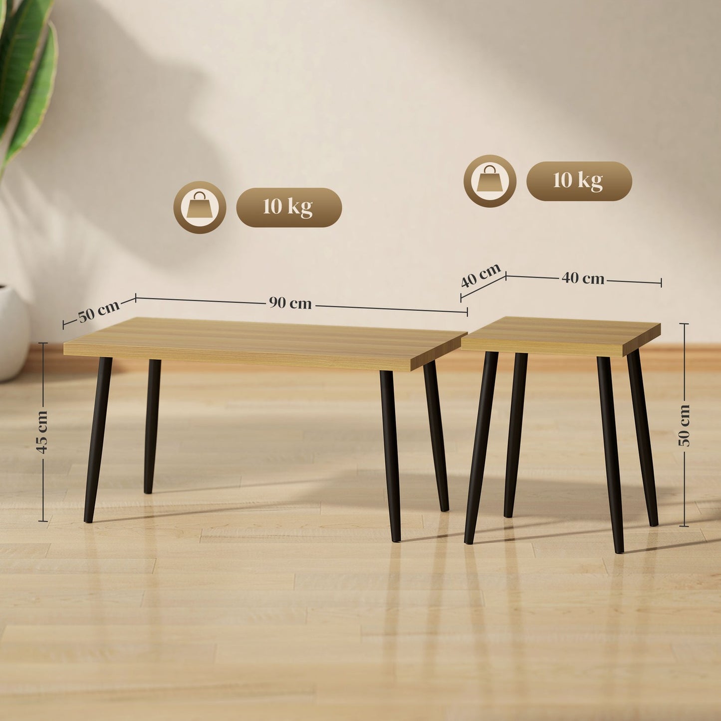 Set of 2 coffee tables with steel frame - Natural wood finish