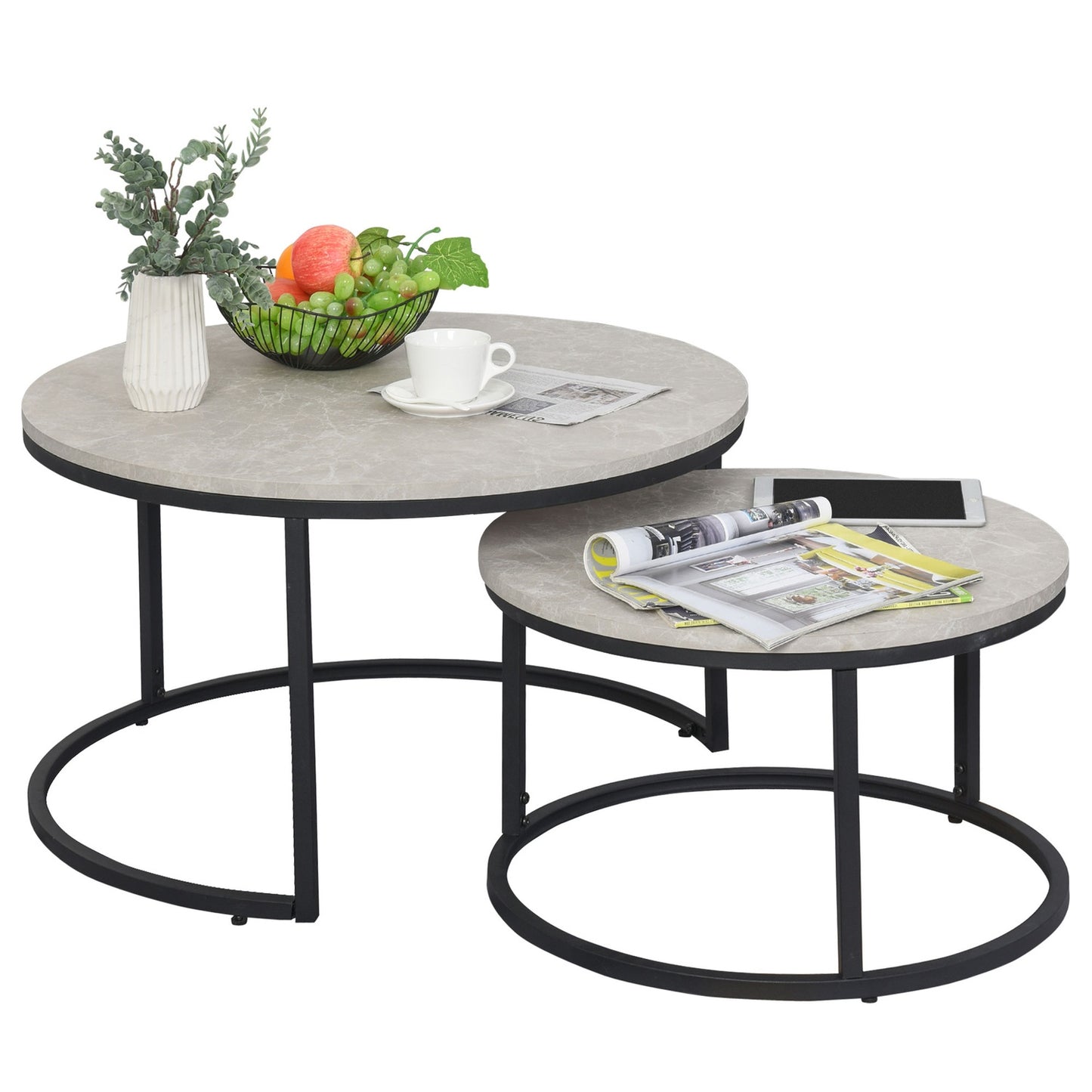 Stackable gray coffee table set, metal frame, for living room